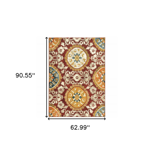 Homeroots 5' X 8' Red Gold Teal Grey Ivory And Blue Oriental Power Loom Stain Resistant Area Rug  Other Material 510725