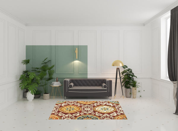 Homeroots 5' X 8' Red Gold Teal Grey Ivory And Blue Oriental Power Loom Stain Resistant Area Rug  Other Material 510725