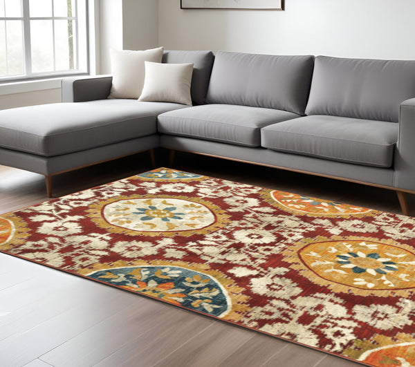 Homeroots 7' X 10' Red And Gold Oriental Power Loom Area Rug  Polypropylene Blend 510726