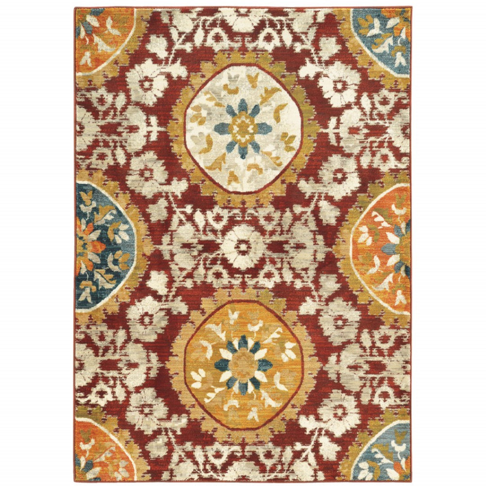 HomeRoots 10' Elegant Oriental Power Loom Area Rug in Rich Red, Gold, Teal, and Blue - Stain Resistant Decor 10' X 13' 510728