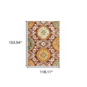 Homeroots 10' X 13' Red Gold Teal Grey Ivory And Blue Oriental Power Loom Stain Resistant Area Rug  Other Material 510728