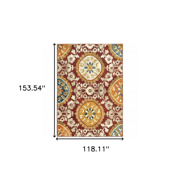 Homeroots 10' X 13' Red Gold Teal Grey Ivory And Blue Oriental Power Loom Stain Resistant Area Rug  Other Material 510728