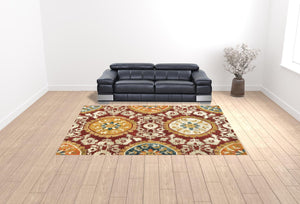 Homeroots 10' X 13' Red Gold Teal Grey Ivory And Blue Oriental Power Loom Stain Resistant Area Rug  Other Material 510728