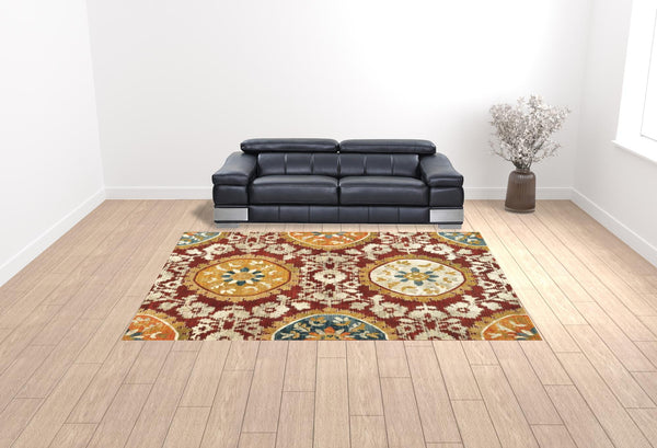 Homeroots 10' X 13' Red Gold Teal Grey Ivory And Blue Oriental Power Loom Stain Resistant Area Rug  Other Material 510728