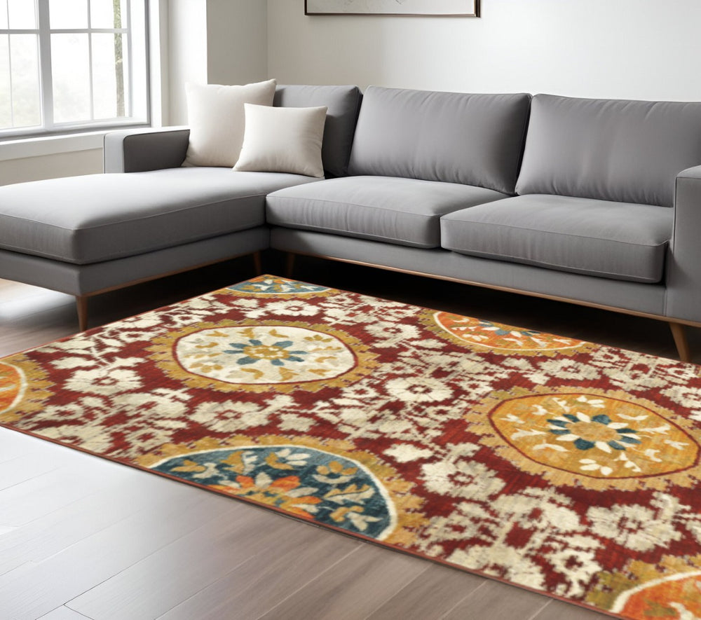 HomeRoots 10' Elegant Oriental Power Loom Area Rug in Rich Red, Gold, Teal, and Blue - Stain Resistant Decor 10' X 13' 510728