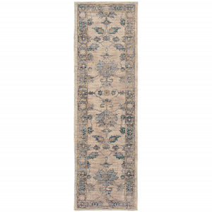 Homeroots 2' X 8' Ivory Blue Gold And Grey Oriental Power Loom Stain Resistant Runner Rug  Other Material 510762