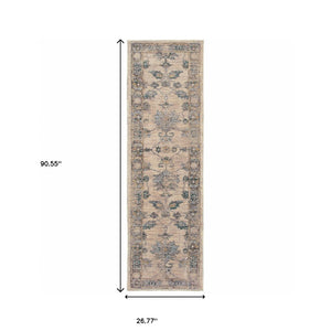 Homeroots 2' X 8' Ivory Blue Gold And Grey Oriental Power Loom Stain Resistant Runner Rug  Other Material 510762
