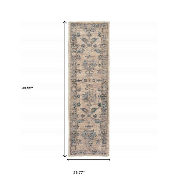 Homeroots 2' X 8' Ivory Blue Gold And Grey Oriental Power Loom Stain Resistant Runner Rug  Other Material 510762