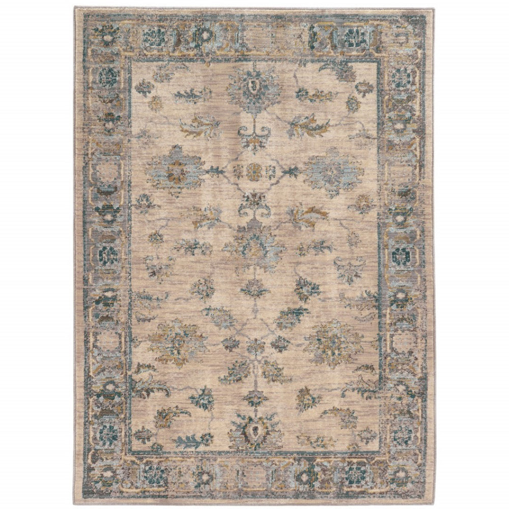 HomeRoots 4' Luxurious Ivory Blue Gold Grey Oriental Power Loomed Area Rug – Stain Resistant & Stylish Comfort 4' X 6' Rectangle 510763