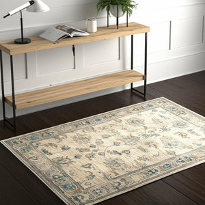 HomeRoots 4' Luxurious Ivory Blue Gold Grey Oriental Power Loomed Area Rug – Stain Resistant & Stylish Comfort 4' X 6' Rectangle 510763