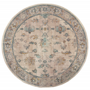 Homeroots 8' Ivory Blue Gold And Grey Round Oriental Power Loom Stain Resistant Area Rug  Other Material 510766