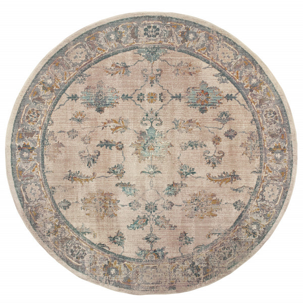 Homeroots 8' Ivory Blue Gold And Grey Round Oriental Power Loom Stain Resistant Area Rug  Other Material 510766