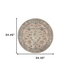 Homeroots 8' Ivory Blue Gold And Grey Round Oriental Power Loom Stain Resistant Area Rug  Other Material 510766