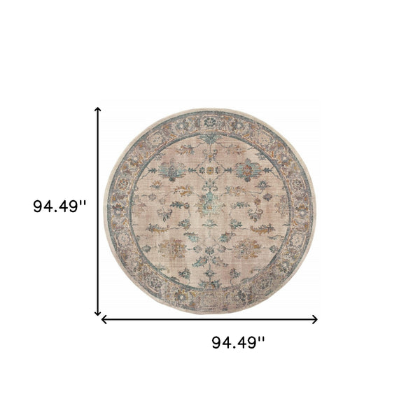 Homeroots 8' Ivory Blue Gold And Grey Round Oriental Power Loom Stain Resistant Area Rug  Other Material 510766