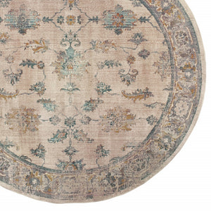 Homeroots 8' Ivory Blue Gold And Grey Round Oriental Power Loom Stain Resistant Area Rug  Other Material 510766