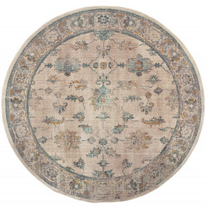 Homeroots 8' Ivory Blue Gold And Grey Round Oriental Power Loom Stain Resistant Area Rug  Other Material 510766