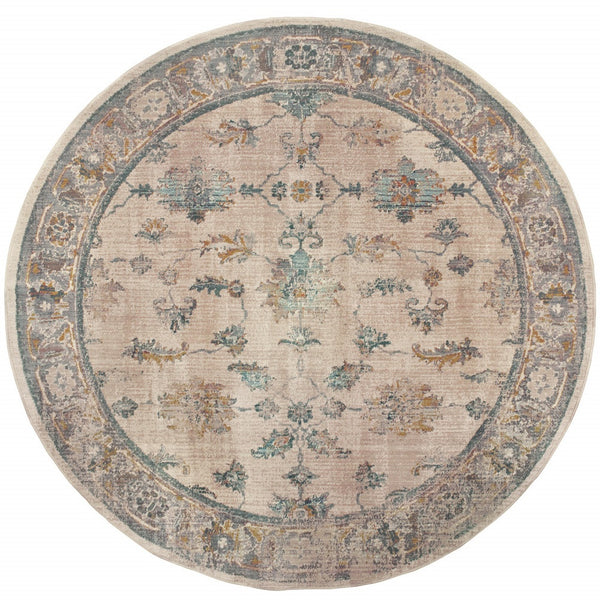 Homeroots 8' Ivory Blue Gold And Grey Round Oriental Power Loom Stain Resistant Area Rug  Other Material 510766