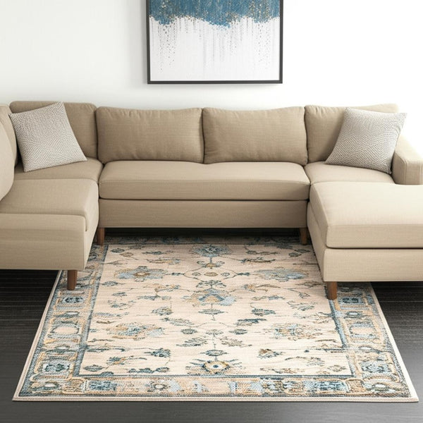 HomeRoots 4' Luxurious Ivory Blue Gold Grey Oriental Power Loomed Area Rug – Stain Resistant & Stylish Comfort 10' X 13' Rectangle 510768