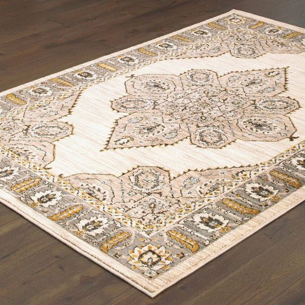 HomeRoots 10' Elegant Oriental-Inspired Area Rug in Ivory, Gold, Grey, and Blue – Stain Resistant Design for Homes 10' X 13' 510787