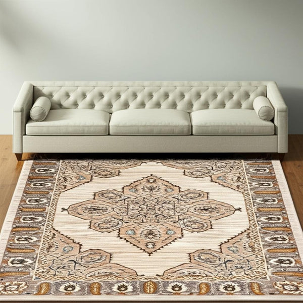 HomeRoots 10' Elegant Oriental-Inspired Area Rug in Ivory, Gold, Grey, and Blue – Stain Resistant Design for Homes 10' X 13' 510787