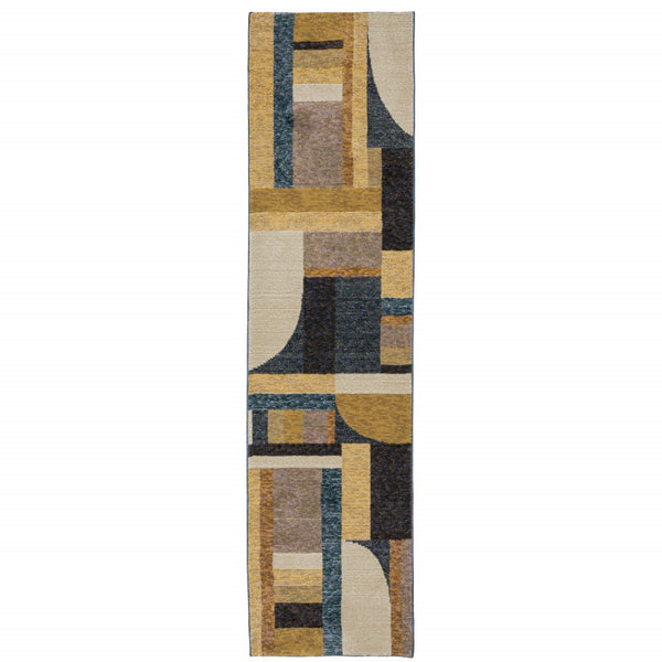 HomeRoots 10' Stylish Geometric Blue and Beige Area Rug – Power Loomed, Stain-Resistant, Perfect for Any Room 2'3" x 8' 510790