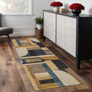 HomeRoots 10' Stylish Geometric Blue and Beige Area Rug – Power Loomed, Stain-Resistant, Perfect for Any Room 2'3" x 8' 510790