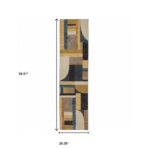 HomeRoots 10' Stylish Geometric Blue and Beige Area Rug – Power Loomed, Stain-Resistant, Perfect for Any Room 2'3" x 8' 510790