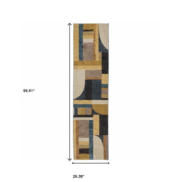 HomeRoots 10' Stylish Geometric Blue and Beige Area Rug – Power Loomed, Stain-Resistant, Perfect for Any Room 2'3" x 8' 510790