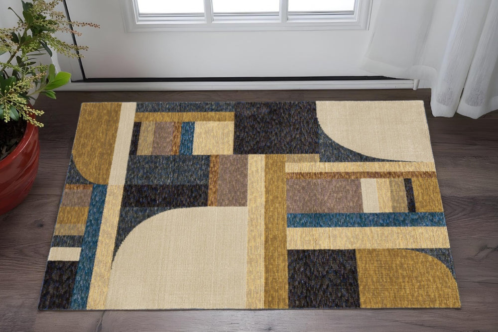 HomeRoots 10' Stylish Geometric Blue and Beige Area Rug – Power Loomed, Stain-Resistant, Perfect for Any Room 3' x 5' 510791