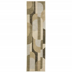 Homeroots 8' Runner Green And Ivory Geometric Power Loom Runner Rug Brown,Beige Other Material 510797
