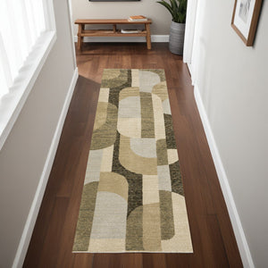Homeroots 8' Runner Green And Ivory Geometric Power Loom Runner Rug Brown,Beige Other Material 510797