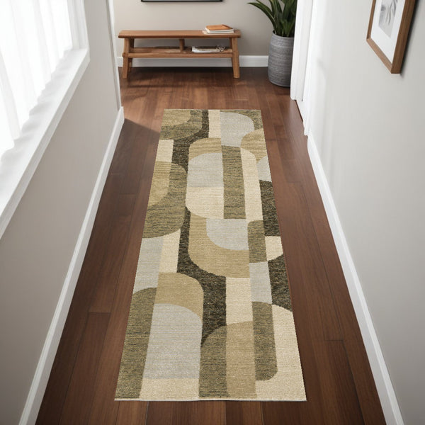 Homeroots 8' Runner Green And Ivory Geometric Power Loom Runner Rug Brown,Beige Other Material 510797