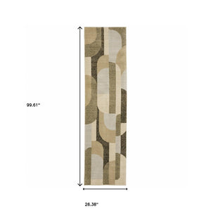 Homeroots 8' Runner Green And Ivory Geometric Power Loom Runner Rug Brown,Beige Other Material 510797