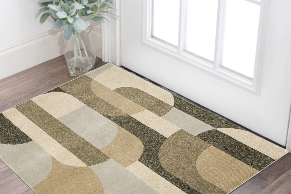 HomeRoots 10' Modern Brown and Ivory Geometric Area Rug – Durable, Stain-Resistant, Perfect for Any Room 3' x 5' 510798
