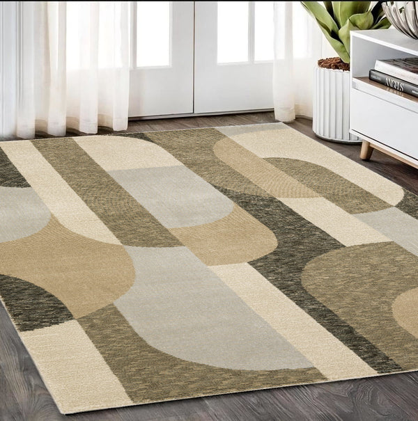 Homeroots 5' X 7' Brown And Ivory Geometric Power Loom Area Rug Brown,Beige Other Material 510799