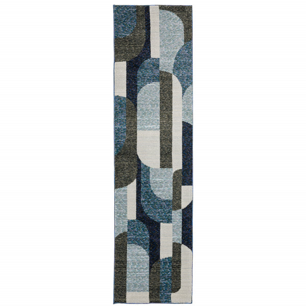Homeroots 8' Runner Blue And Ivory Geometric Power Loom Runner Rug Blue,Grey Other Material 510804