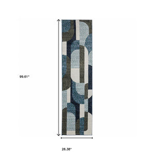 Homeroots 8' Runner Blue And Ivory Geometric Power Loom Runner Rug Blue,Grey Other Material 510804