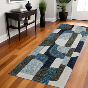 Homeroots 8' Runner Blue And Ivory Geometric Power Loom Runner Rug Blue,Grey Other Material 510804