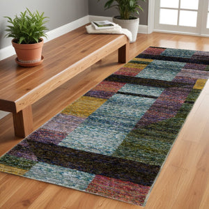 HomeRoots 10' Bold Purple and Red Geometric Power Loom Area Rug – Stain-Resistant, Ideal for High-Traffic Spaces 2'3" x 8' 510811
