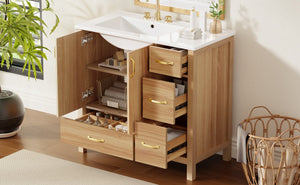 English Elm 36" Wood Bathroom Vanity Cabinet with Solid Frame, Ceramic Sink, Soft-Close Doors & Organized Drawers N729P321351N
