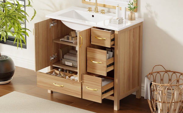 English Elm 36" Wood Bathroom Vanity Cabinet with Solid Frame, Ceramic Sink, Soft-Close Doors & Organized Drawers N729P321351N