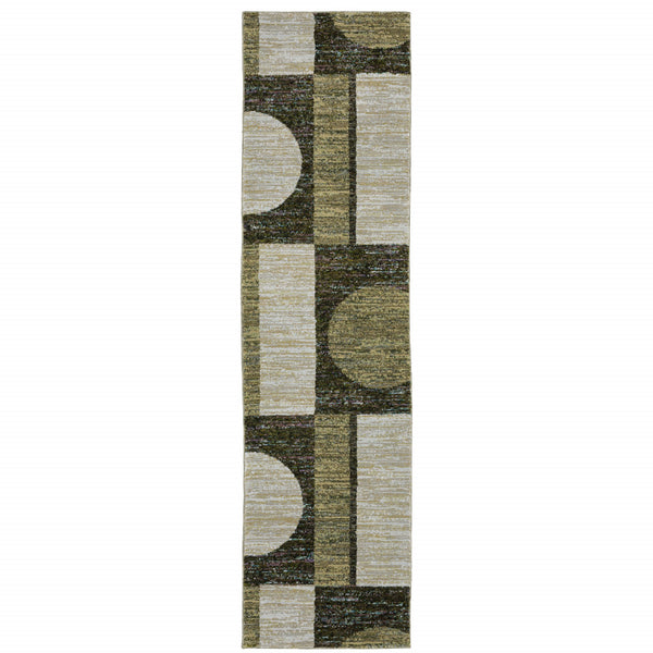 Homeroots 8' Runner Blue And Beige Geometric Power Loom Runner Rug Gold,Green Other Material 510818