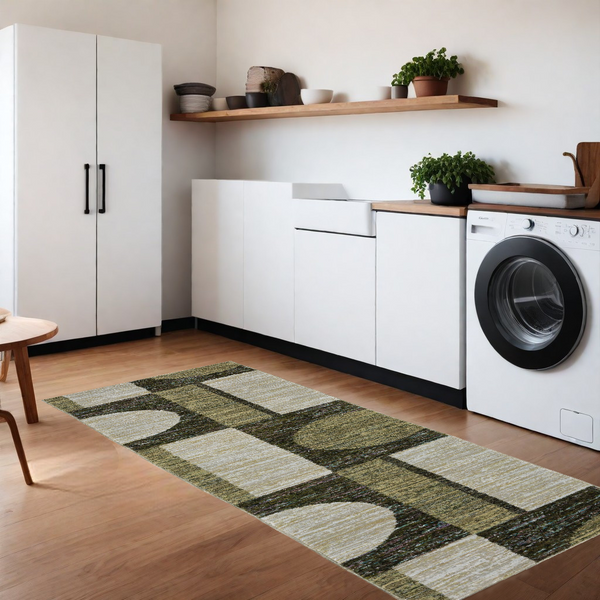 Homeroots 8' Runner Blue And Beige Geometric Power Loom Runner Rug Gold,Green Other Material 510818