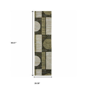 Homeroots 8' Runner Blue And Beige Geometric Power Loom Runner Rug Gold,Green Other Material 510818