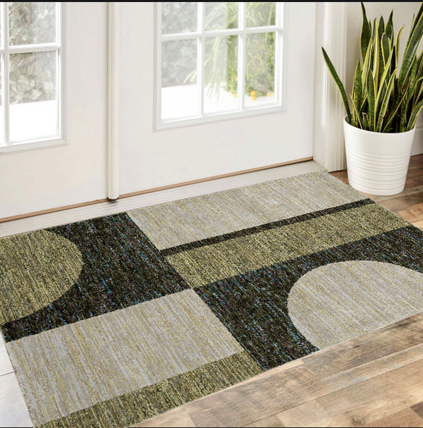 Homeroots 3' X 5' Blue And Beige Geometric Power Loom Area Rug Gold,Green Other Material 510819