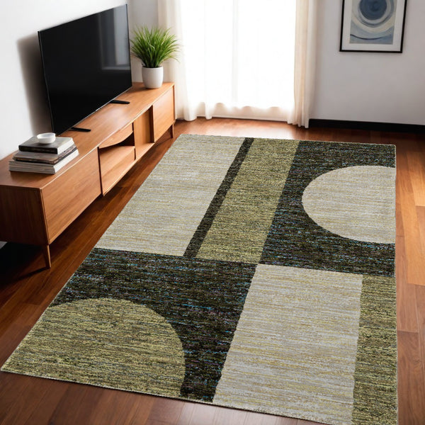 Homeroots 5' X 7' Blue And Beige Geometric Power Loom Area Rug Gold,Green Other Material 510820