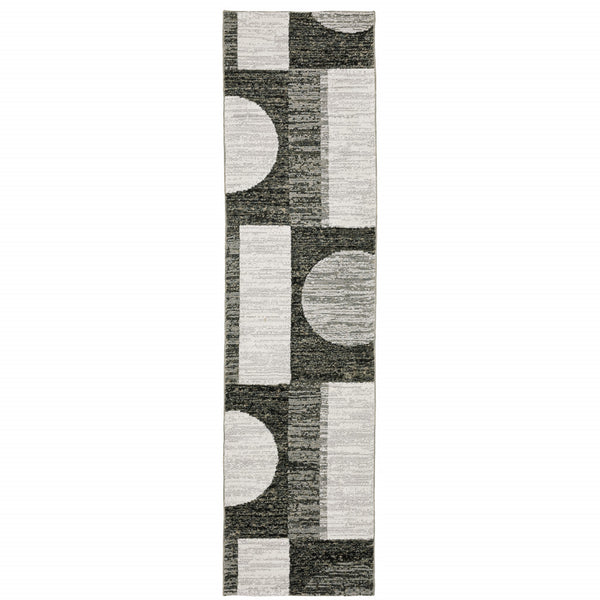 Homeroots 8' Runner Gray And Ivory Geometric Power Loom Runner Rug Charcoal,Grey Other Material 510825