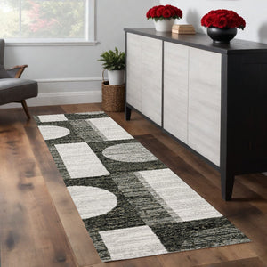 Homeroots 8' Runner Gray And Ivory Geometric Power Loom Runner Rug Charcoal,Grey Other Material 510825