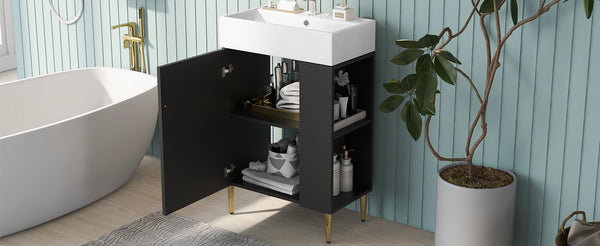 English Elm 21.6" Black Modern Bathroom Vanity with Ceramic Sink, Right Side Storage, Gold Legs & Soft-Close Doors SV000006AAB