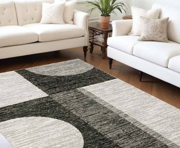 Homeroots 9' X 12' Gray And Ivory Geometric Power Loom Area Rug Charcoal,Grey Other Material 510830